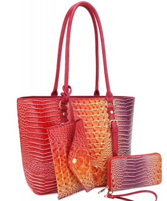 Croc Embossed 3 In 1 Tote Set ZZW-31263 FUCHSIA